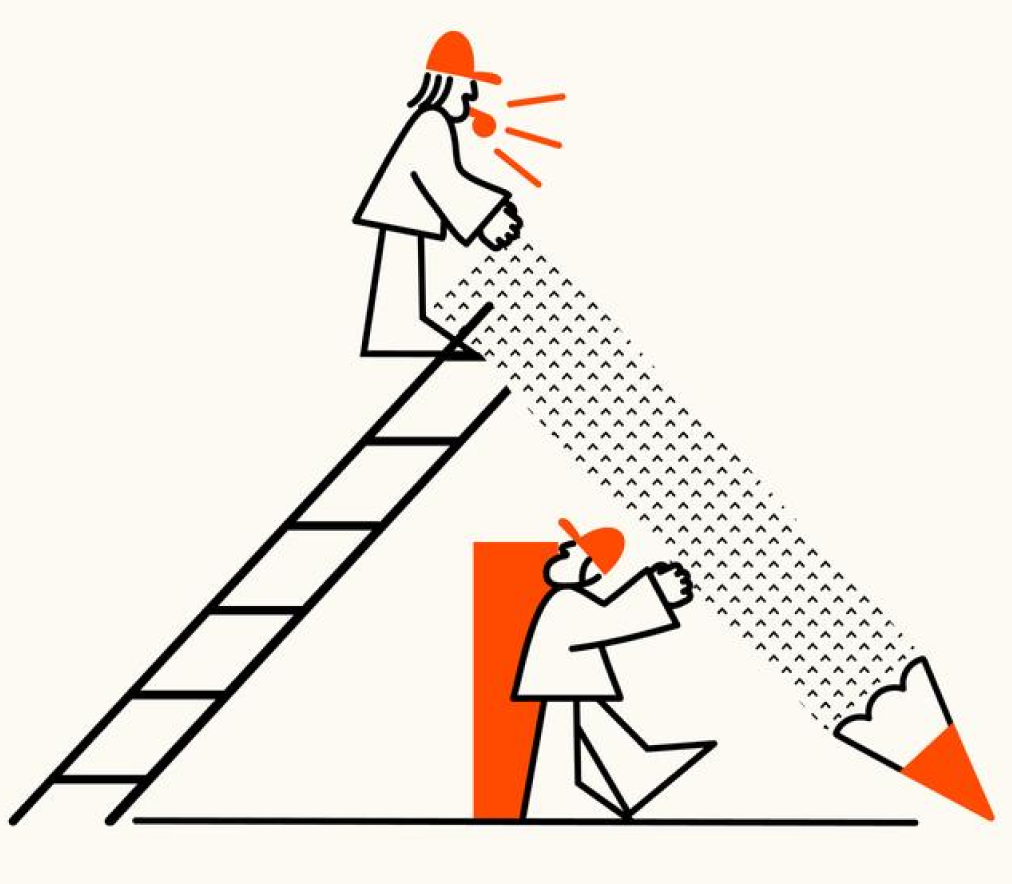 Illustrated characters going up and down a ladder
